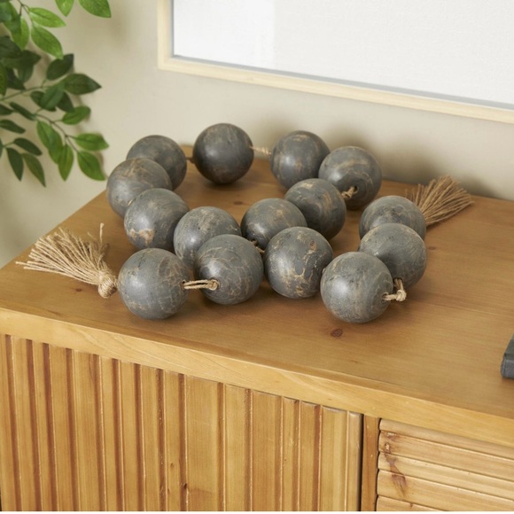 DecMode Handmade Round Large Bead Black Mango Wood Garland Jute Tassel 63” - Picture 5 of 6